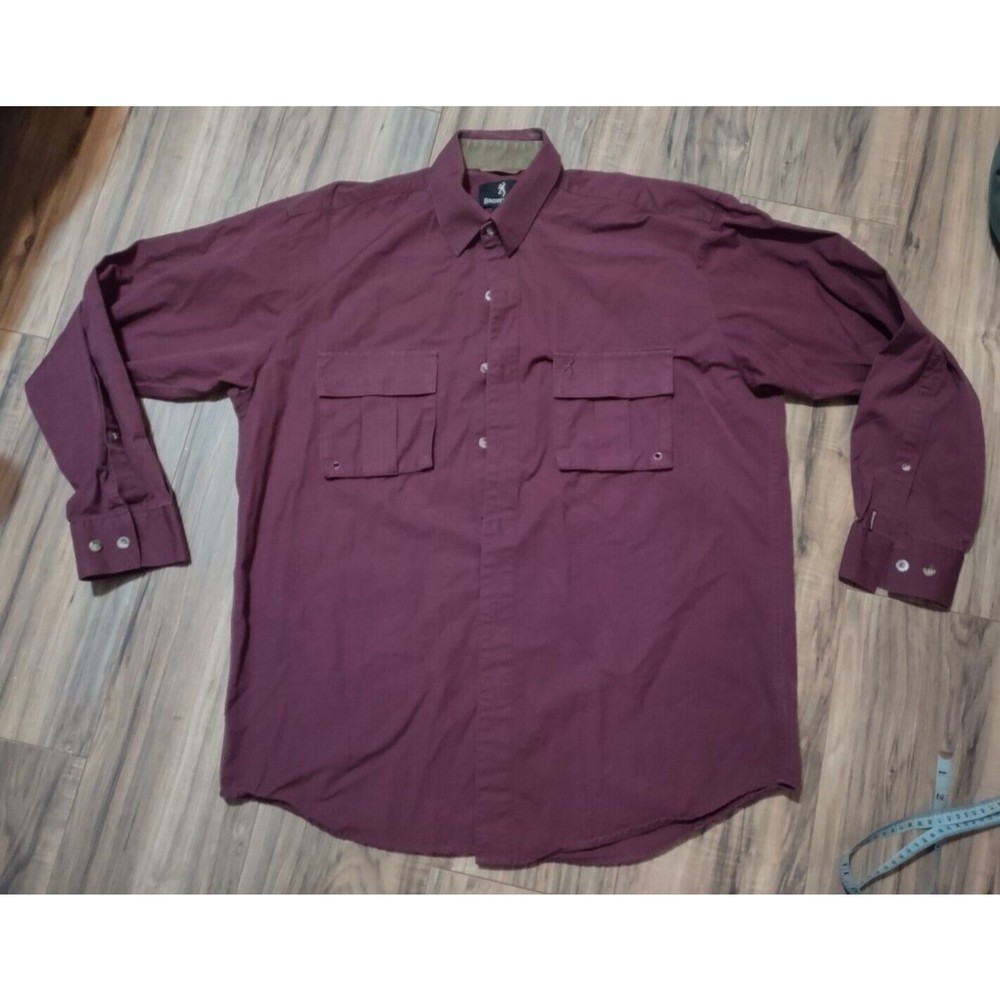 Browning Button Up Shirt Mens L Maroon Solid Long Sleeve Casual Hunting BR204